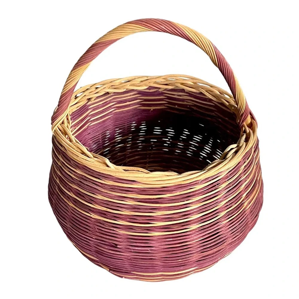 Vintage Hand Woven Round Reed Basket. Purple and Natural Color Striped. 9